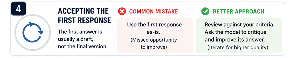 Comparison showing why reviewing and refining an AI response produces better results than accepting the first draft.