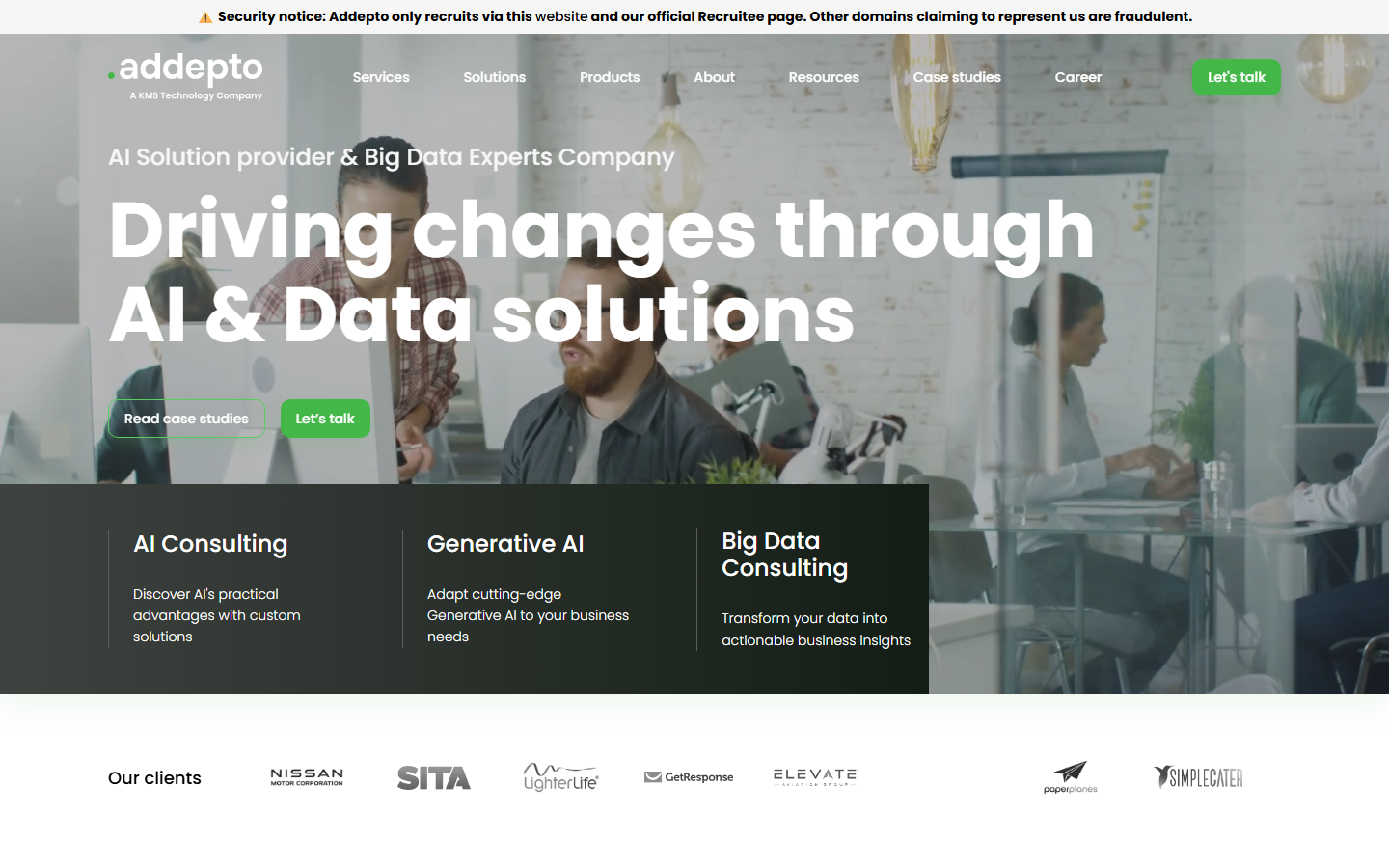 Addepto homepage with an AI and data solutions headline over an office scene and AI consulting service cards.