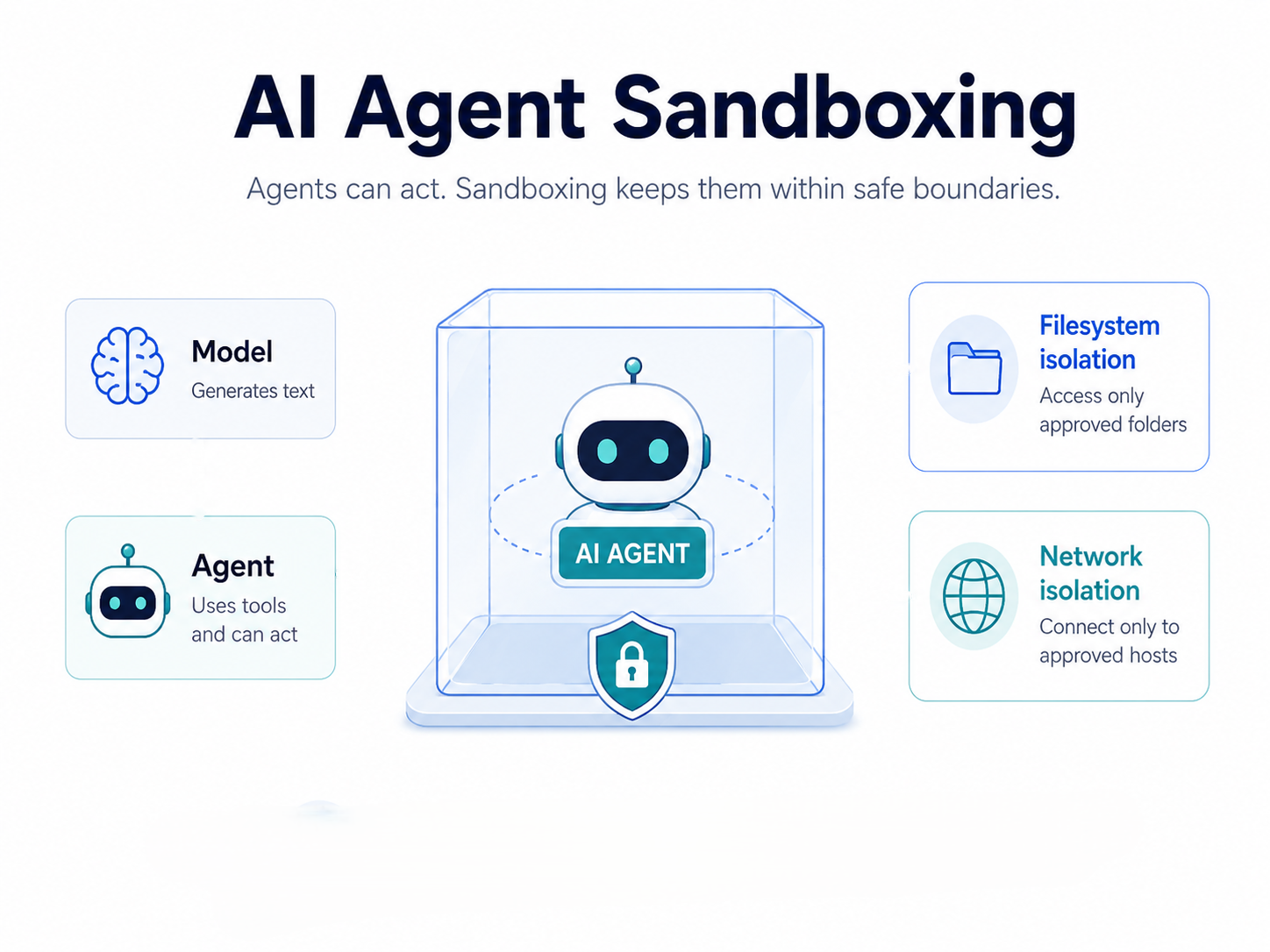 AI agent sandboxing diagram showing a model and tool-using agent contained by filesystem and network isolation controls.