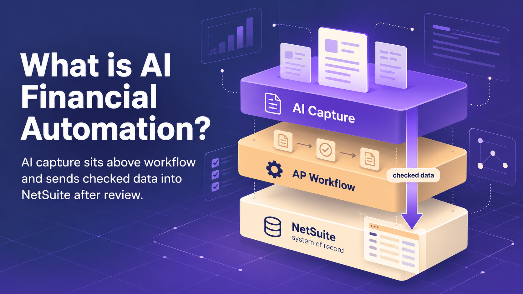 Three stacked layers with AI capture on top, the AP workflow in the middle, and NetSuite as the system of record.