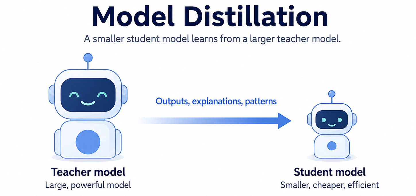 Model distillation diagram showing a smaller student AI model learning outputs and patterns from a larger teacher model.