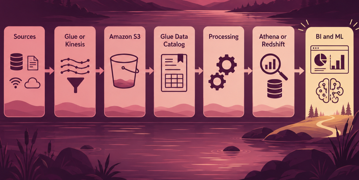 AWS data lake workflow showing sources, Glue or Kinesis, S3, Data Catalog, processing, Athena or Redshift, and BI/ML.