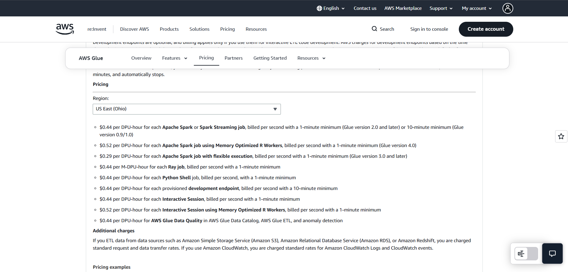 AWS Glue pricing page listing DPU-hour rates for Spark, Python Shell, Ray, and interactive data processing jobs