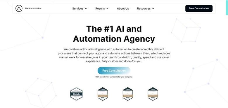 Axe Automation homepage promoting AI and automation services designed to streamline business processes and improve efficiency.