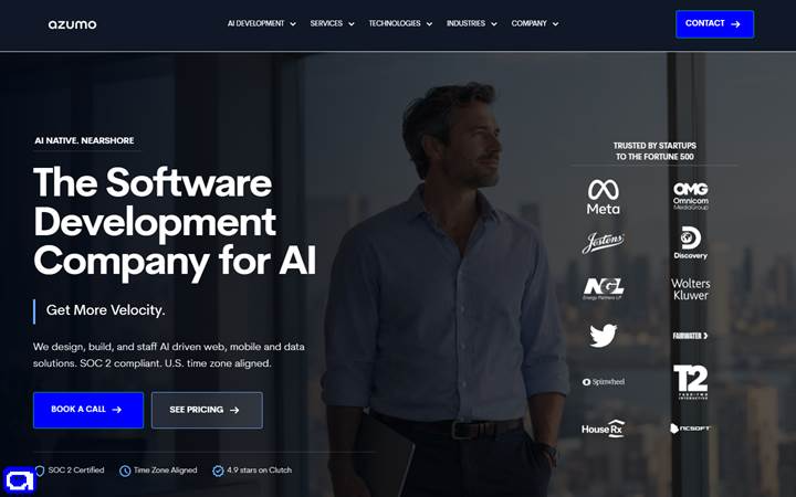 Azumo homepage with a Software Development Company for AI headline, a SOC 2 badge, and Meta and Discovery logos.