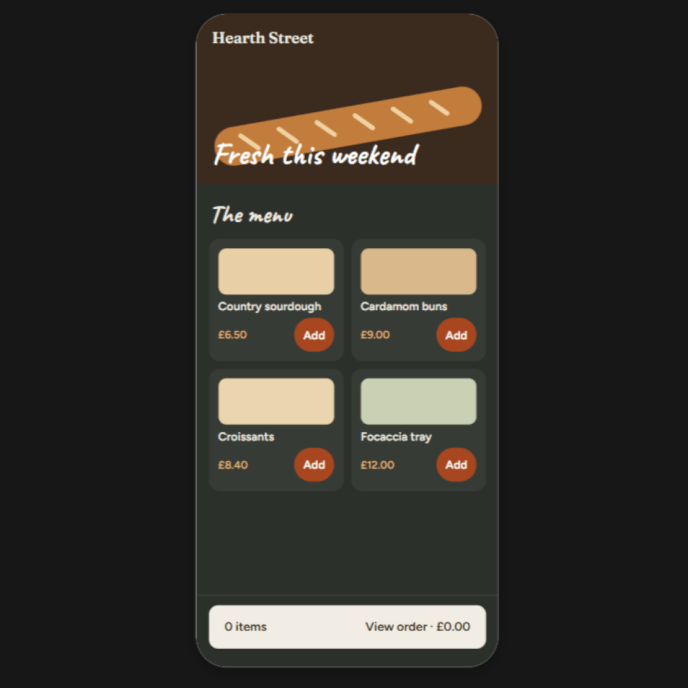 Mobile bakery ordering page showing weekend menu items, prices, Add buttons, and a sticky order summary.