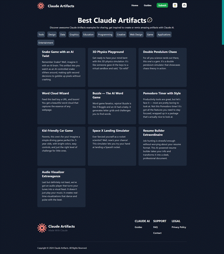 Claude Artifacts gallery page showing categorized examples such as games, simulators, productivity tools, and visualizers.