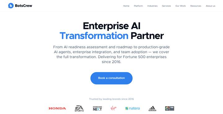 BotsCrew homepage with an Enterprise AI Transformation Partner headline and Honda, EA Sports, and adidas logos below.