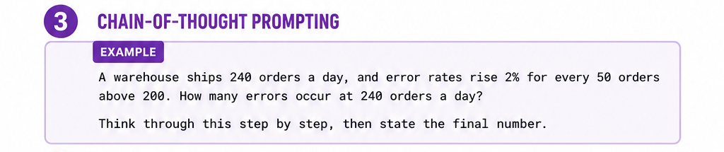 Chain-of-thought prompting example asking an AI to solve a warehouse error-rate problem by reasoning step by step.