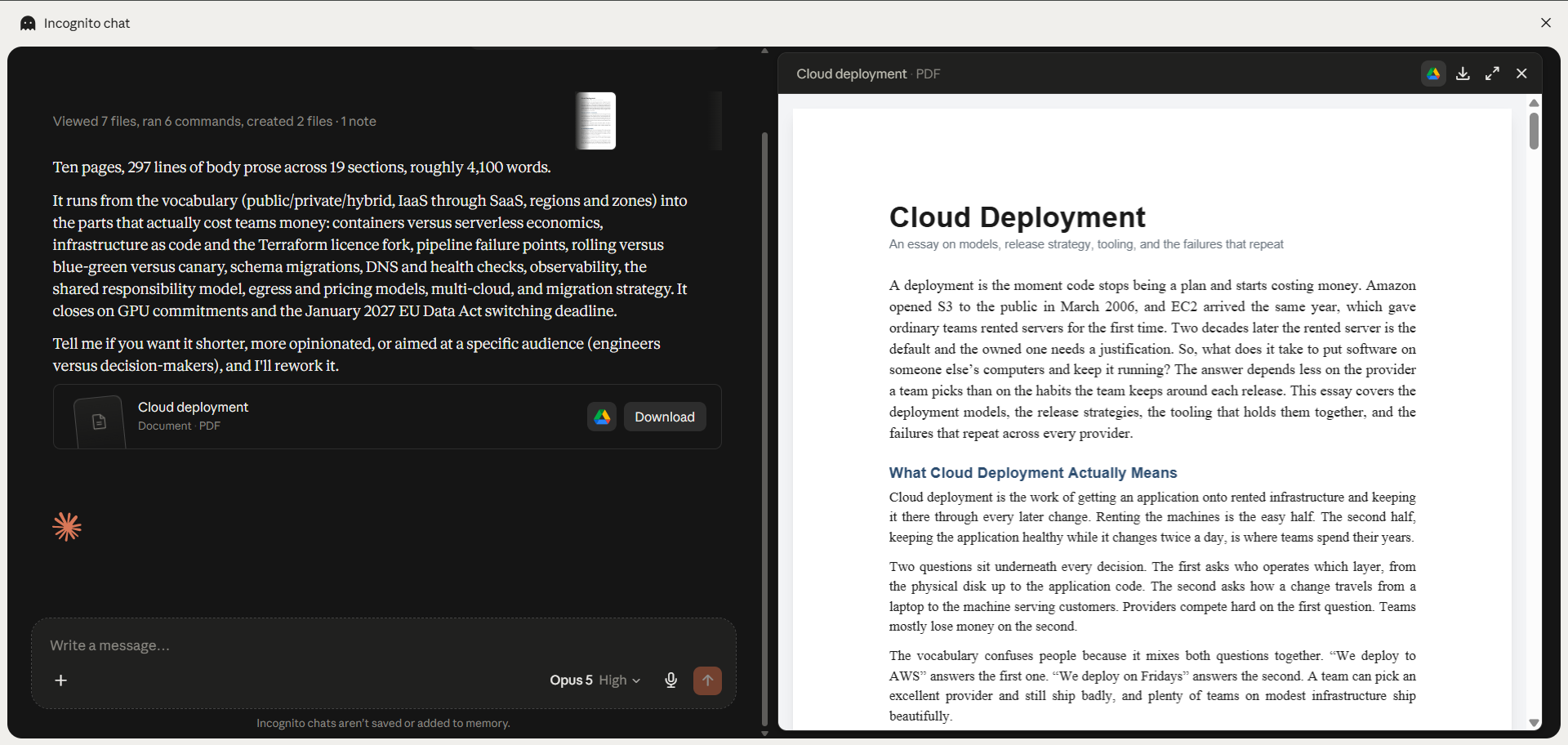 Claude displaying a generated Cloud Deployment PDF beside the chat used to create the document.