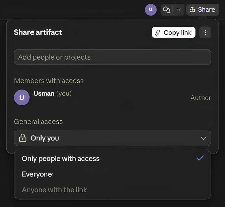 Claude share menu showing artifact access controls for only you, selected people, everyone, or anyone with the link.