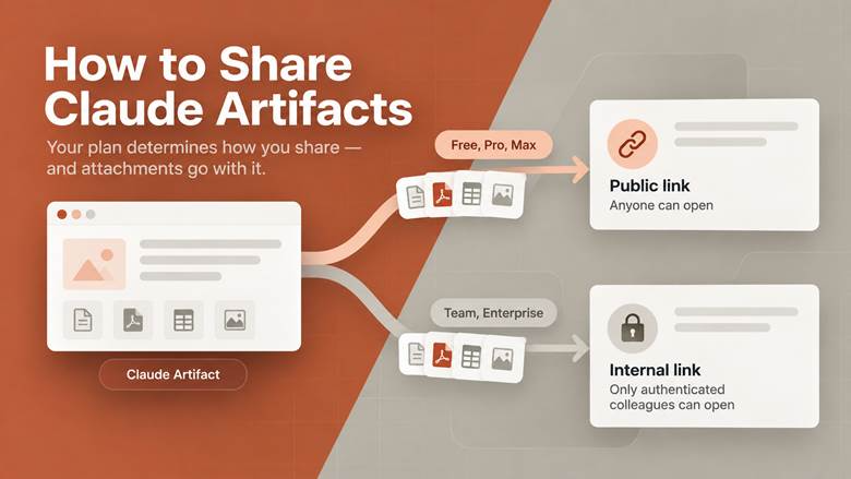Diagram showing Claude Artifacts shared by public link on Free, Pro, and Max plans or internal link on Team and Enterprise.