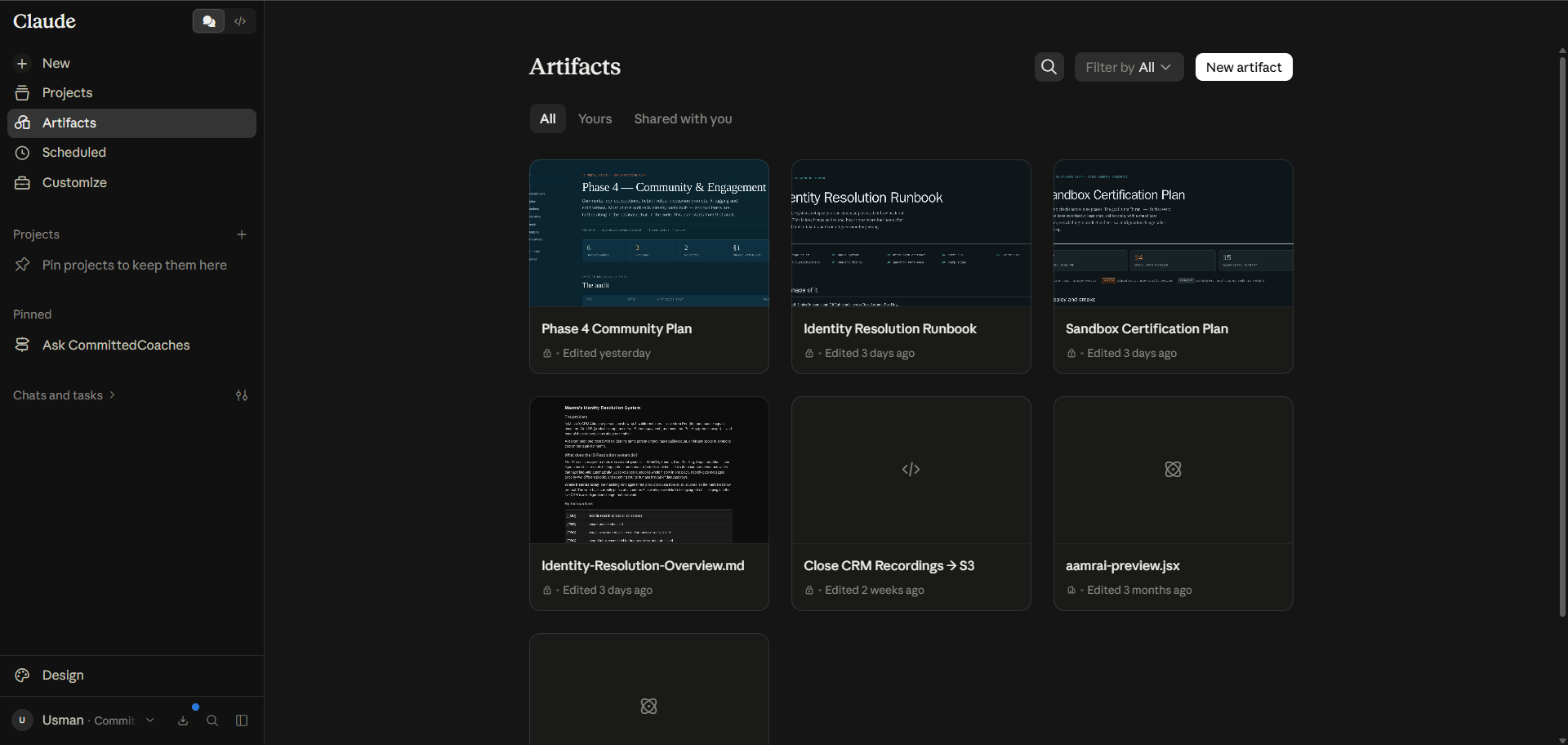 Claude Artifacts library showing saved plans, runbooks, code files, and other reusable AI-created content.
