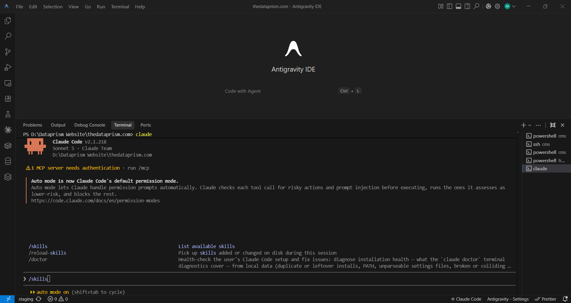 Antigravity IDE terminal running Claude Code with commands for listing, reloading, and diagnosing installed skills.