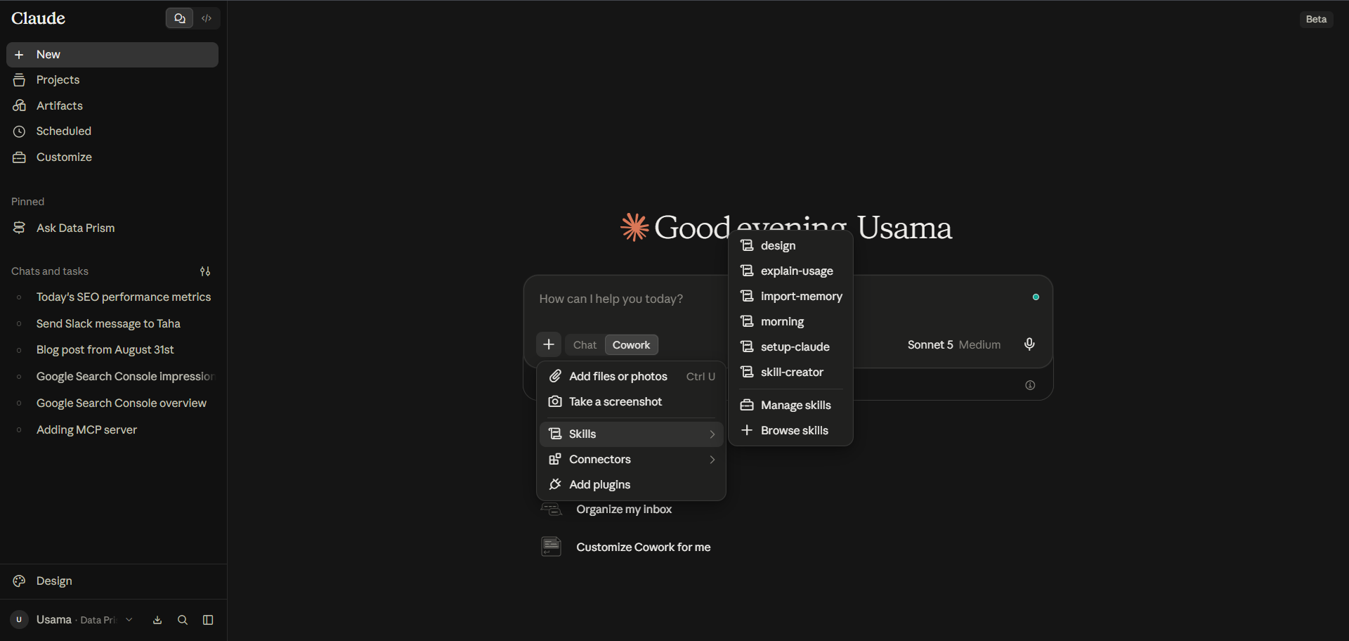 Claude interface with the Connect menu open, showing options to add files, integrations, skills, connectors, and plugins.