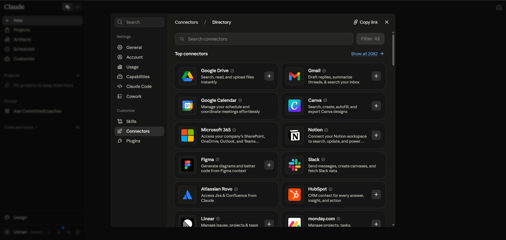 Claude Connectors directory showing integrations for Google Drive, Gmail, Calendar, Slack, Notion, and more.