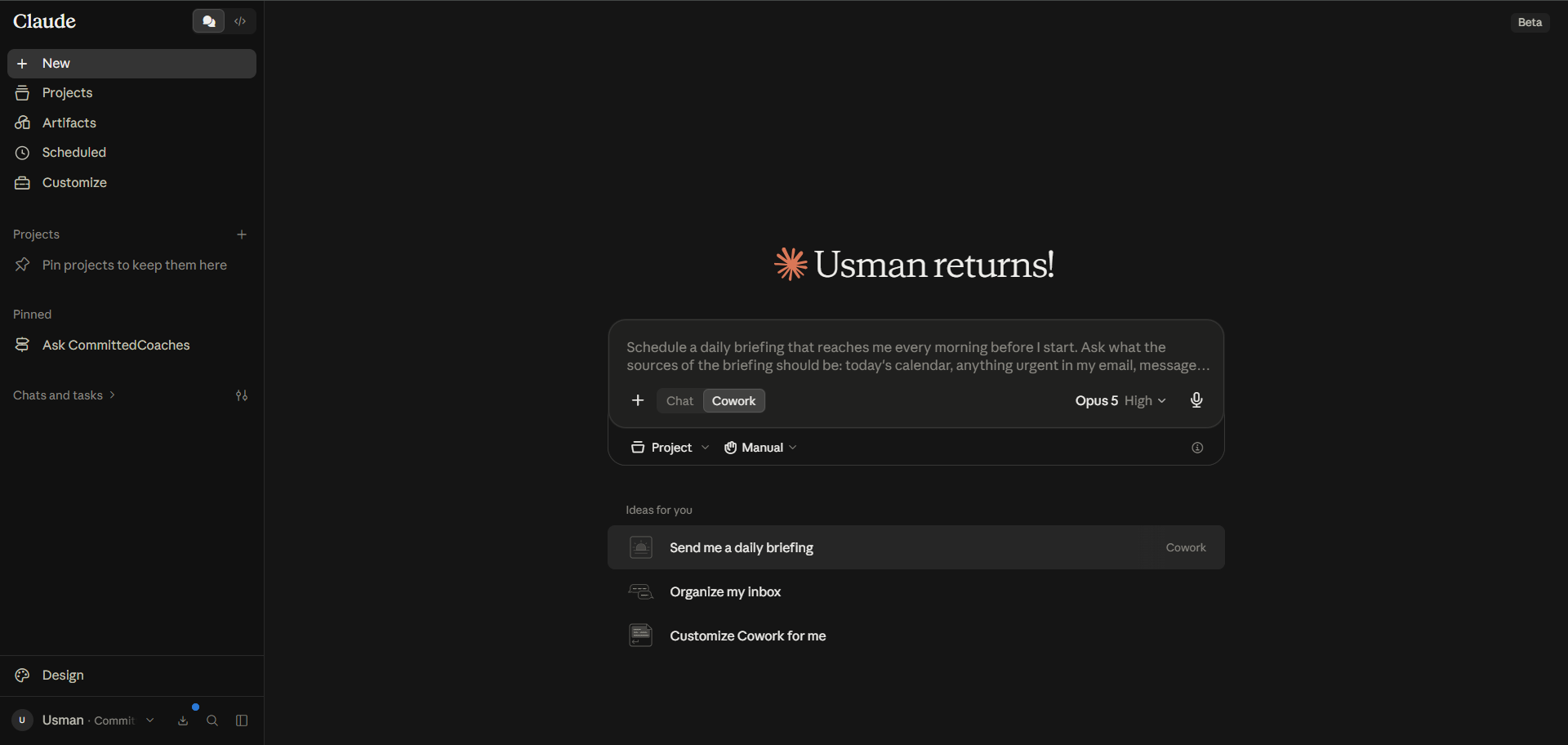 Claude Cowork home screen with a prompt to schedule a daily briefing from calendar, email, and other sources.