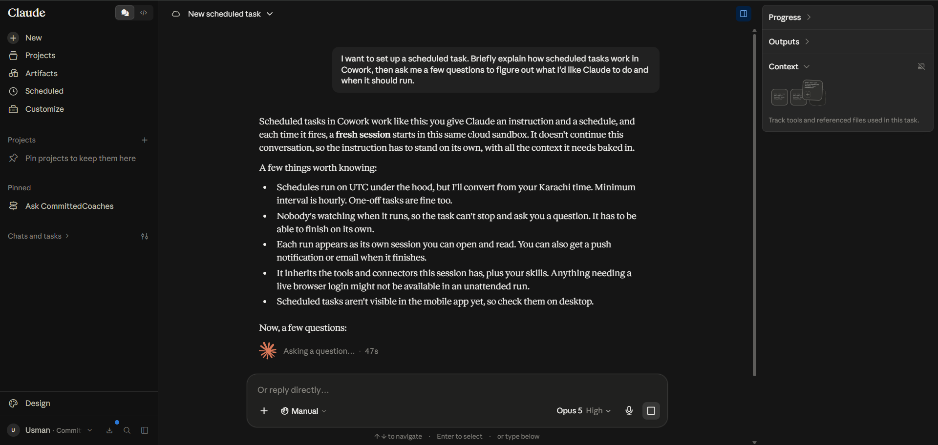 Claude Cowork interface explaining how to create and run scheduled AI tasks automatically.