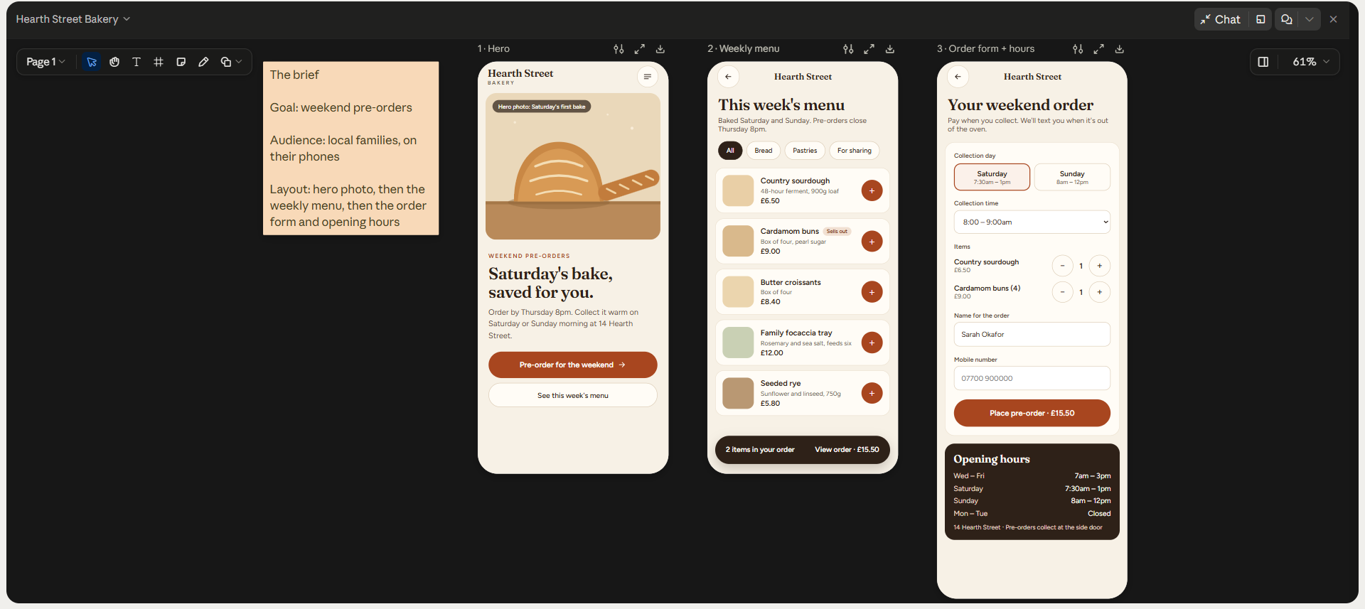 Claude Design workspace showing four mobile screens for a bakery website, including home, menu, ordering, and checkout views.