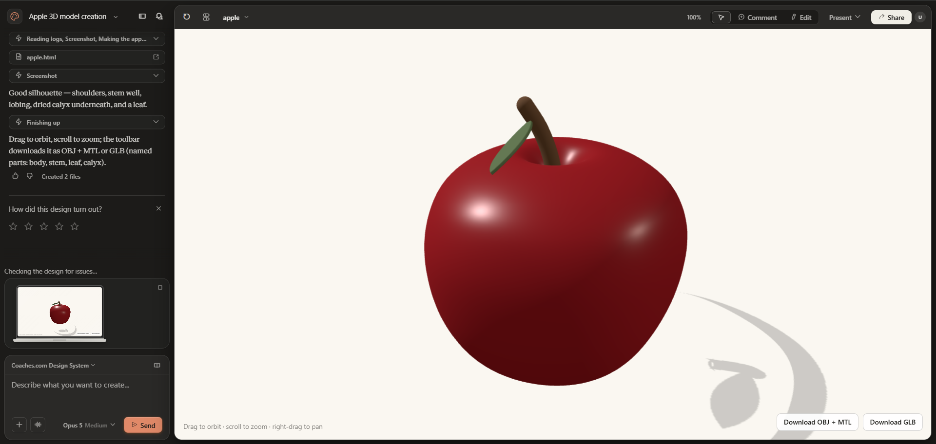 Claude Design interface displaying an interactive 3D apple model with controls for viewing and downloading it.