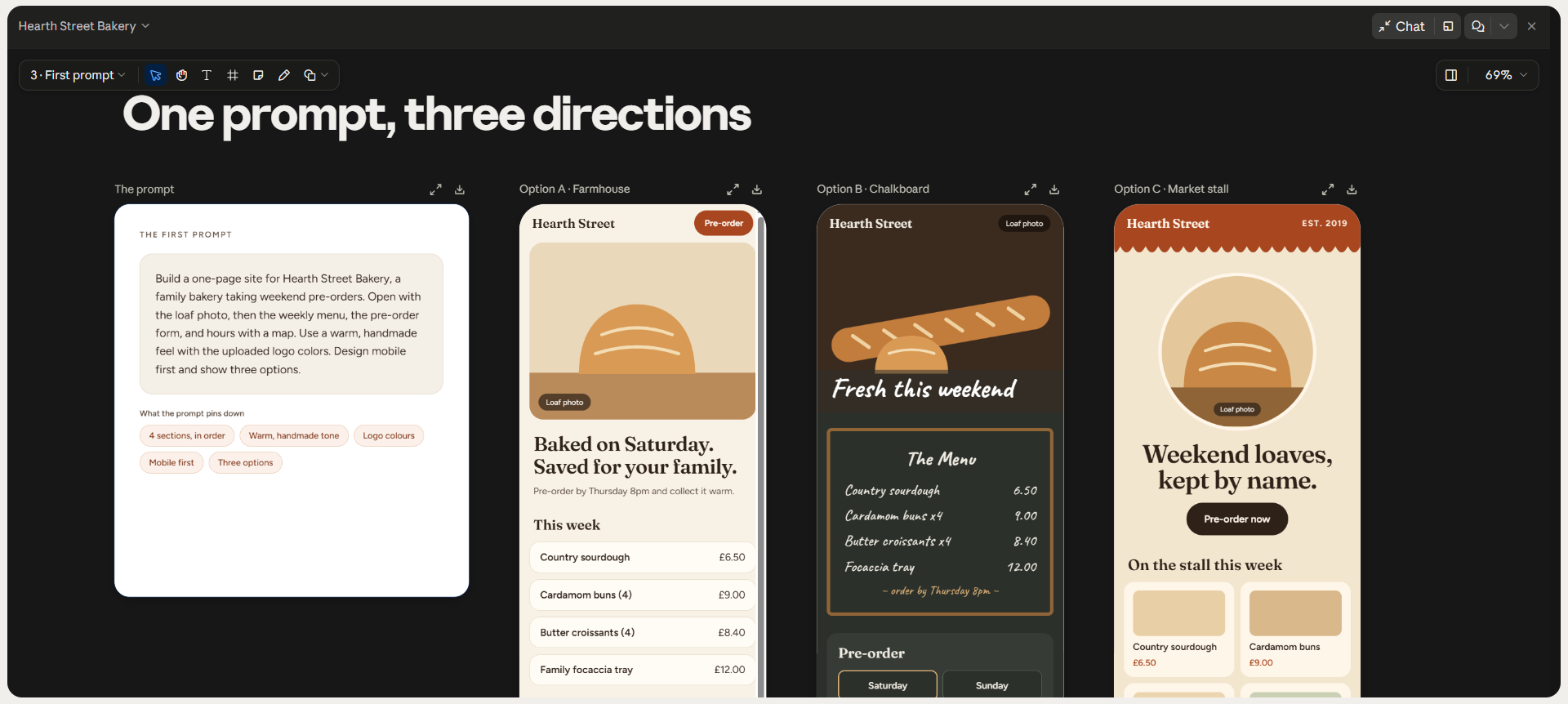 Claude Design workspace showing one bakery website prompt generating three distinct visual design directions.