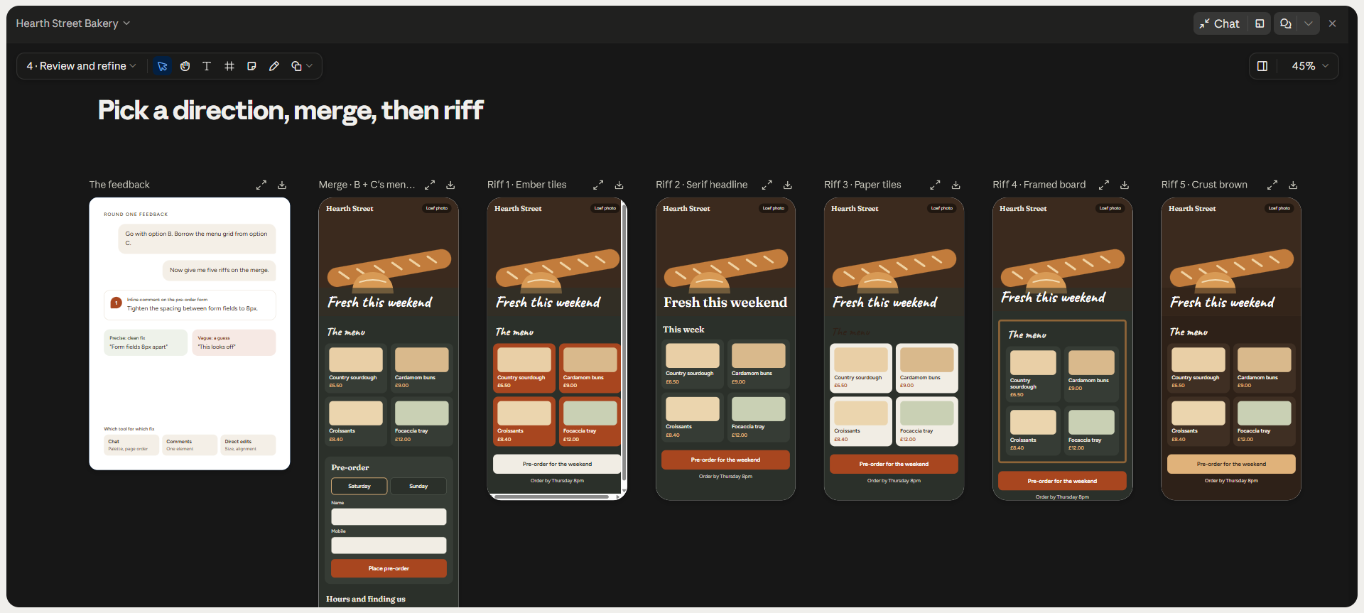 Claude Design workspace showing a bakery website direction refined through several color and style variations.