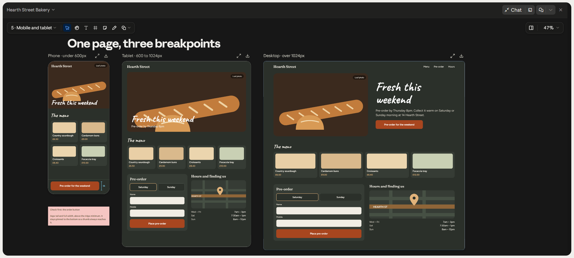 Claude Design workspace showing one bakery website adapted across mobile, tablet, and desktop breakpoints.