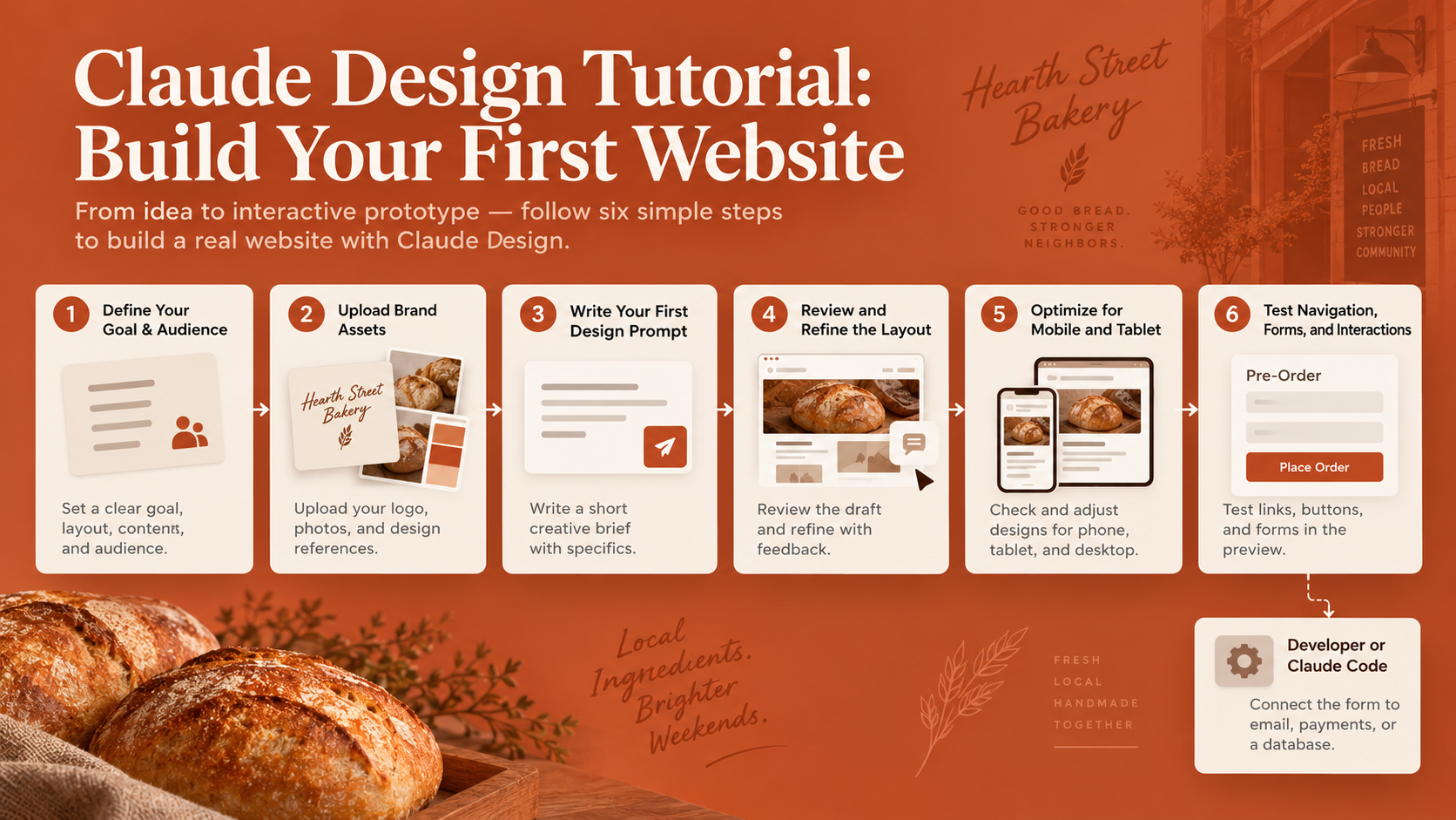 Infographic outlining six steps to build a first website with Claude Design, from planning and assets to testing and integrations.