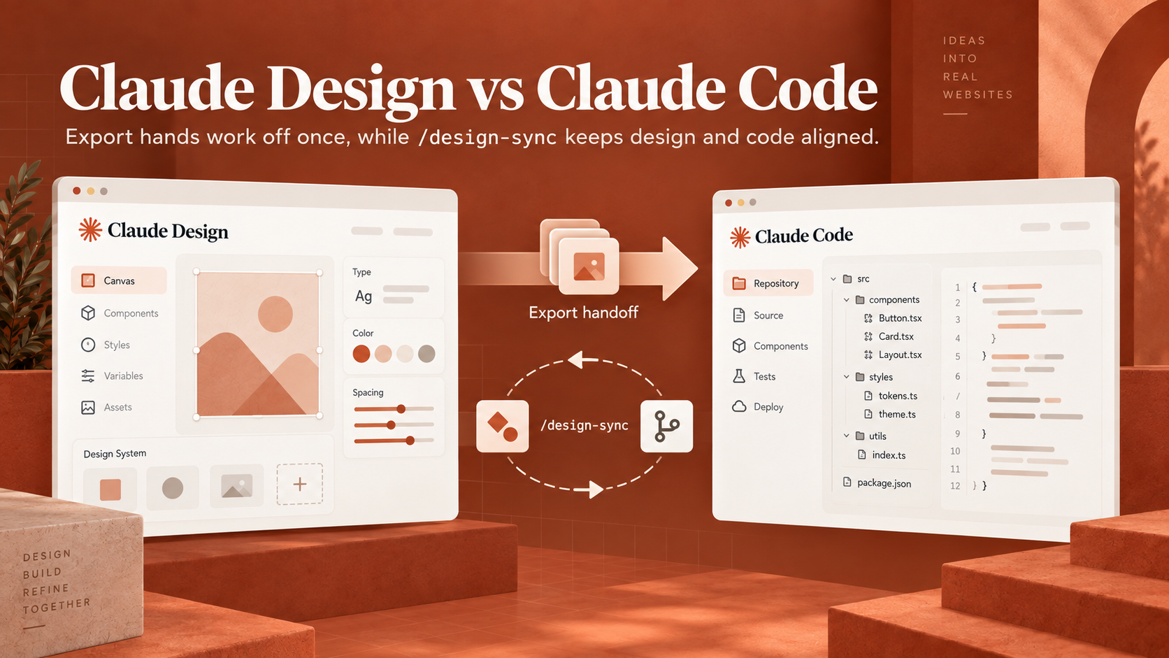 Diagram comparing Claude Design and Claude Code, showing export handoff and design-sync workflows between design and code.