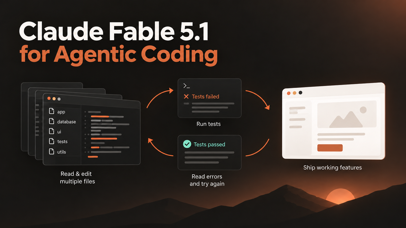 Claude Fable 5.1 agentic coding workflow showing file edits, test runs, error fixes, and shipping working features.