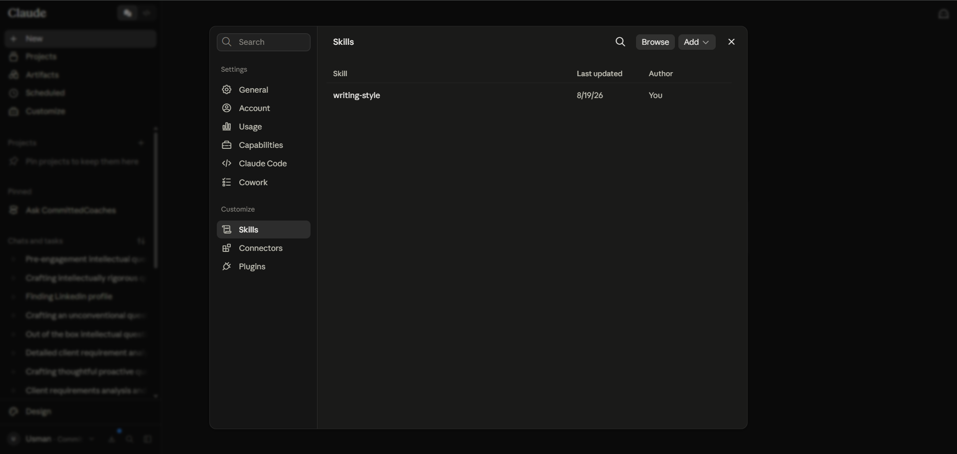 Claude Skills settings page showing a custom writing-style skill available for reusable workflows.