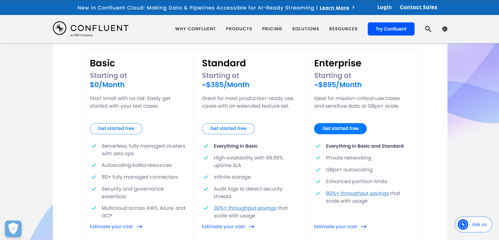 Confluent Cloud pricing plans showing Basic, Standard, and Enterprise options with features and monthly starting costs
