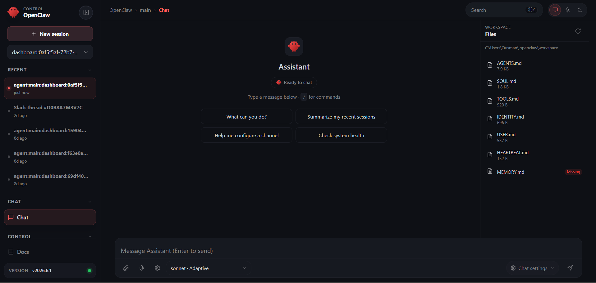 How openclaw control panel looks like