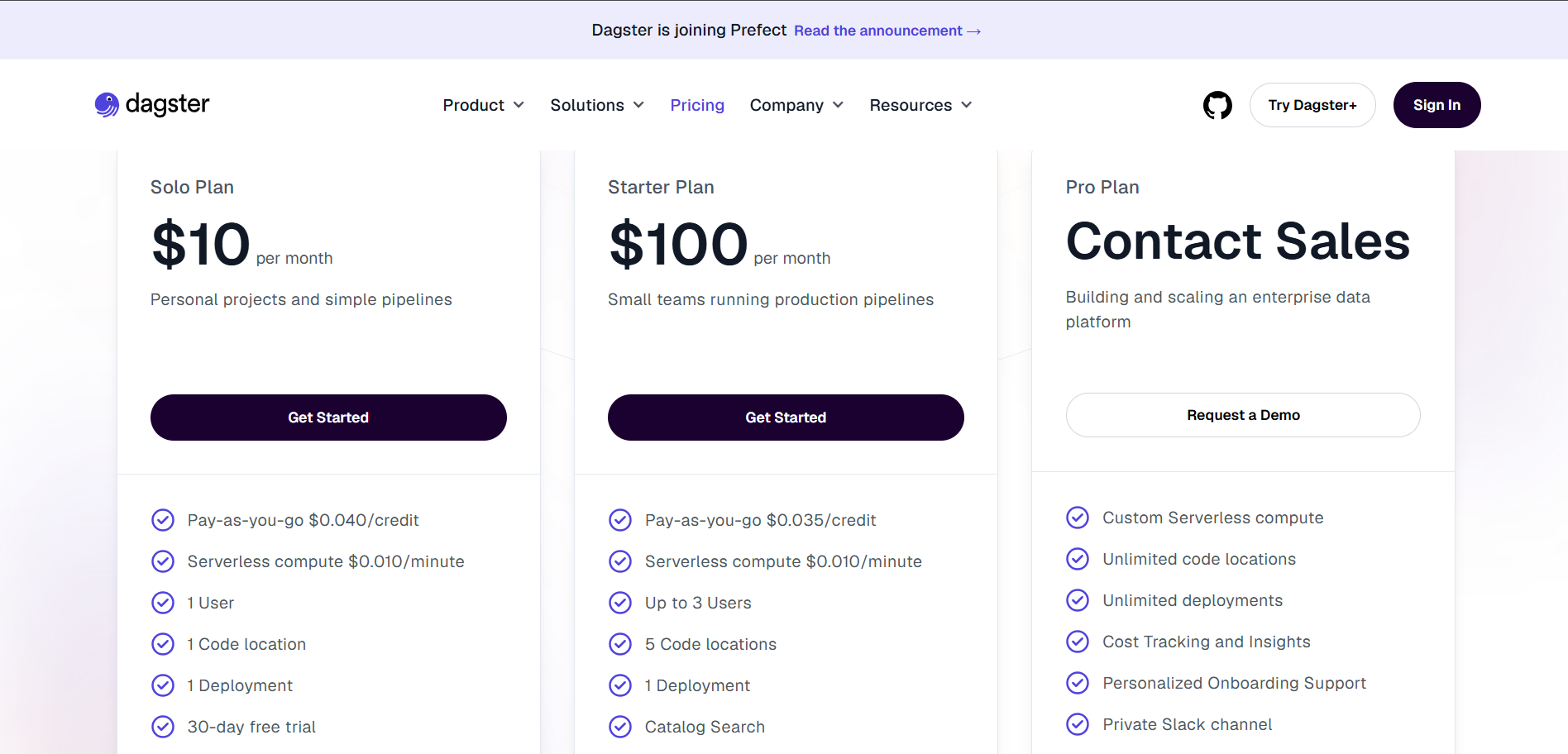 Dagster pricing comparison showing Solo, Starter, and Pro plans for managing production data pipelines