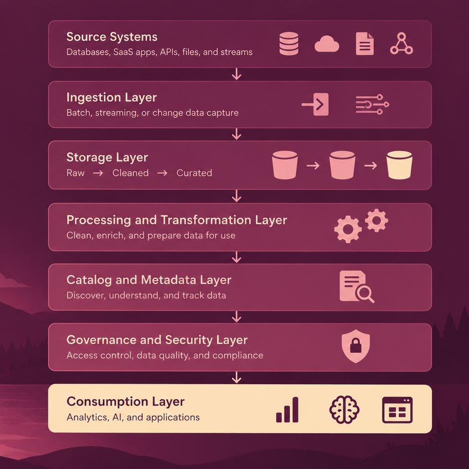 Data lake architecture diagram showing source systems, ingestion, storage, processing, metadata, governance, and consumption layers.