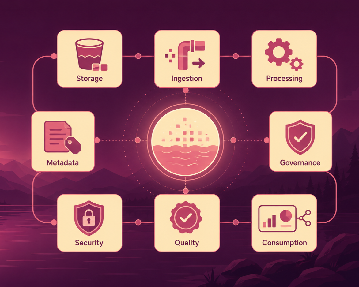 Data lake framework showing storage, ingestion, processing, governance, consumption, quality, security, and metadata.