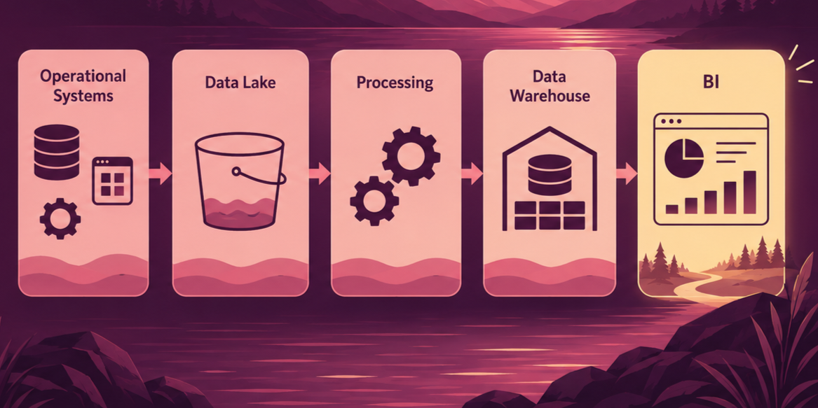 Data pipeline diagram showing operational systems flowing through a data lake and processing into a data warehouse and BI.