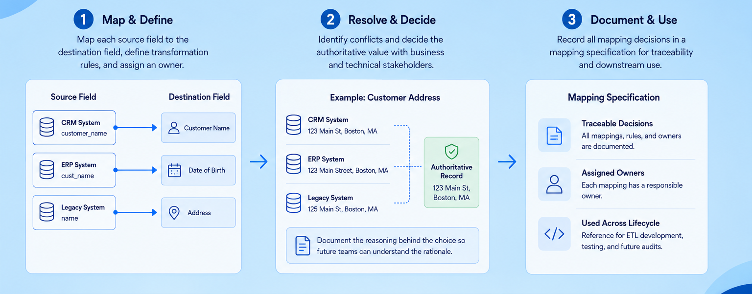 Three-step data mapping process covering field mapping, conflict resolution, and documented specifications for migration.