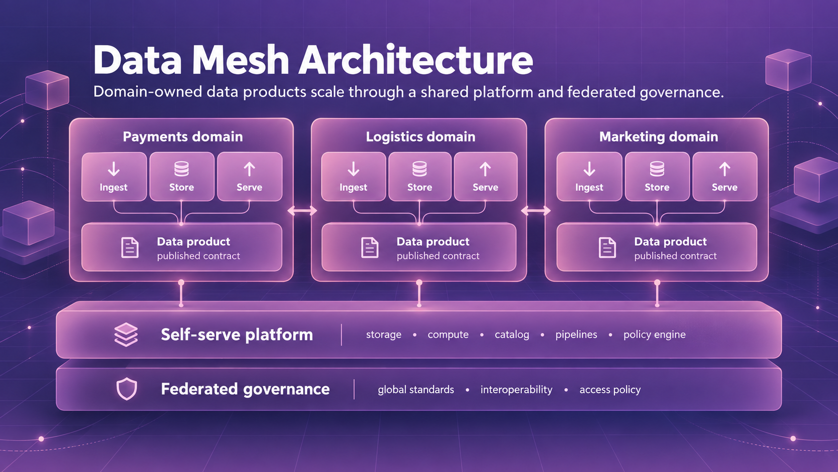 Data mesh architecture showing domain-owned data products, a self-service platform, and federated governance across business domains.