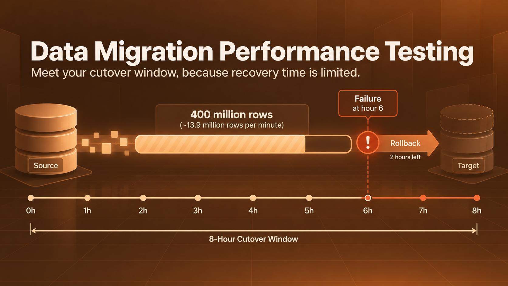 Timeline showing a 400-million-row migration failing at hour six of an eight-hour cutover window, leaving two hours to roll back.