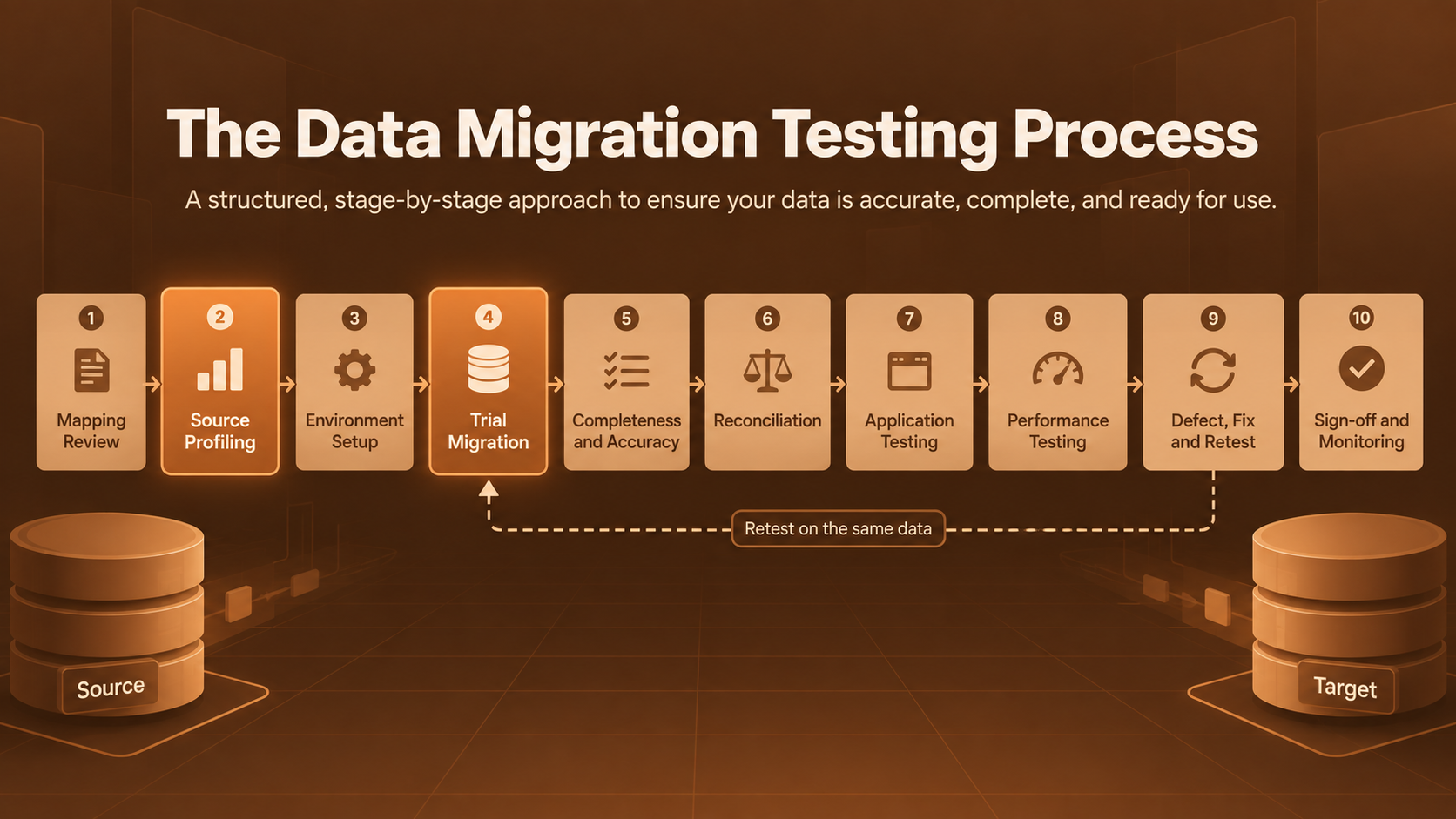Ten-step data migration testing process from mapping review and source profiling through retesting, sign-off, and monitoring.
