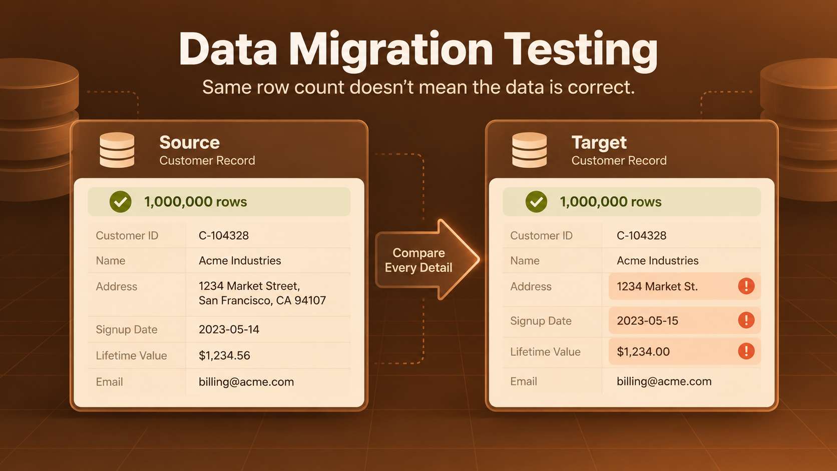 Source and target customer records with equal row counts but mismatched address, signup date, and lifetime value.