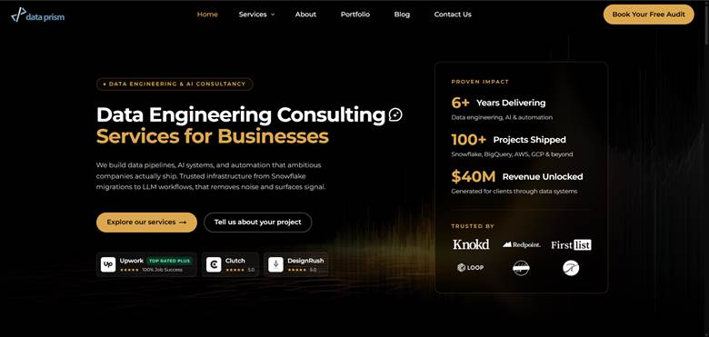 Data Prism homepage promoting data engineering, AI automation, 6+ years, 100+ projects, and $40M revenue unlocked.