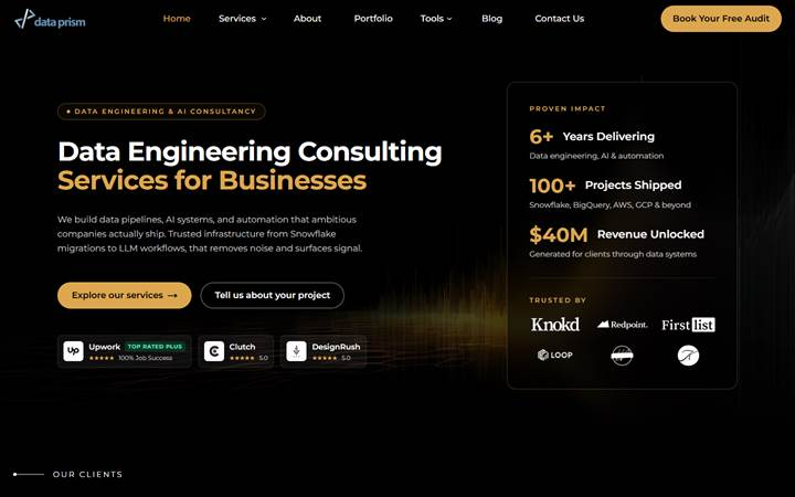 Data Prism homepage with a Data Engineering Consulting Services headline and 6+ years, 100+ projects, and $40M figures.