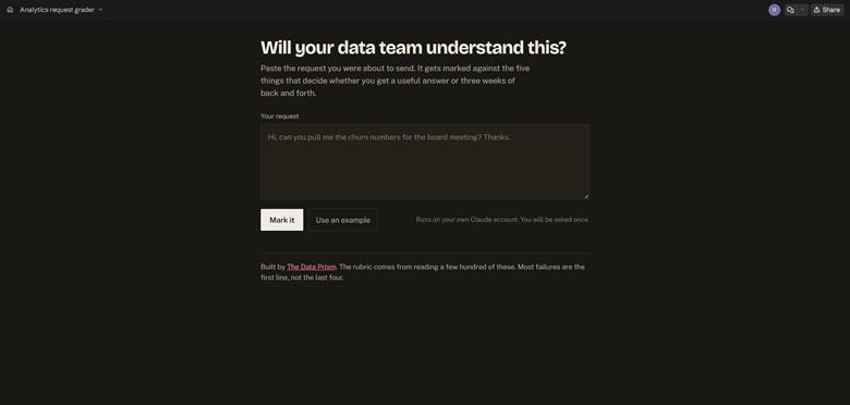 Tool interface for checking whether a data request is clear enough for a data team to understand and act on.