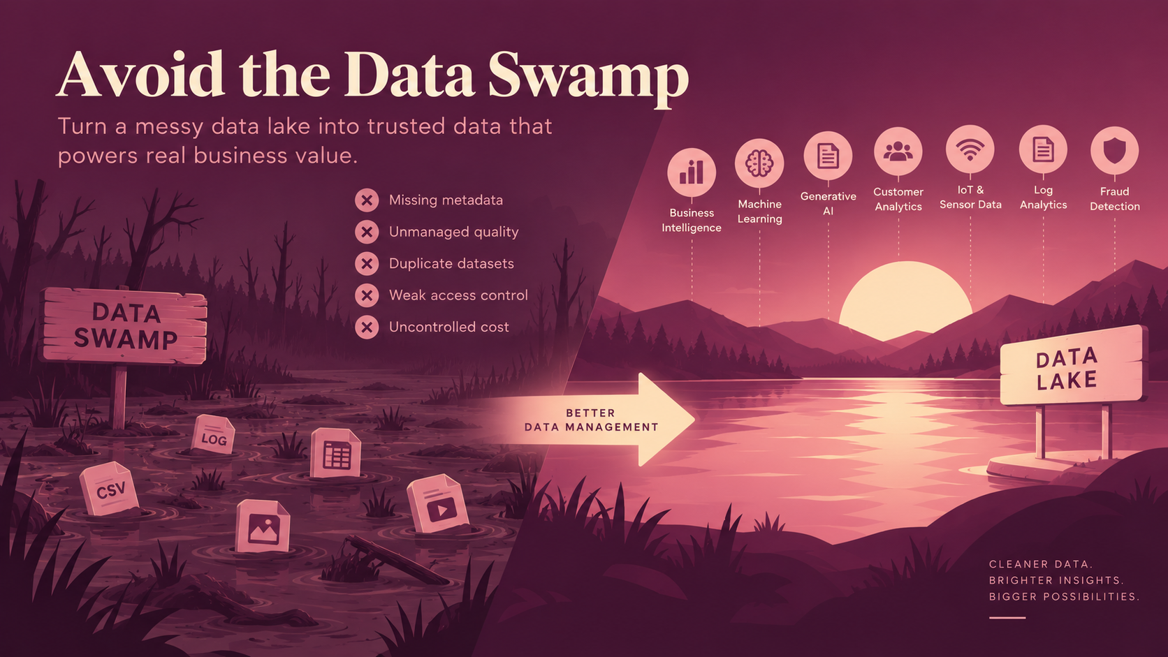 Data swamp and data lake comparison showing poor data management versus governed data supporting analytics, AI, and business insights.