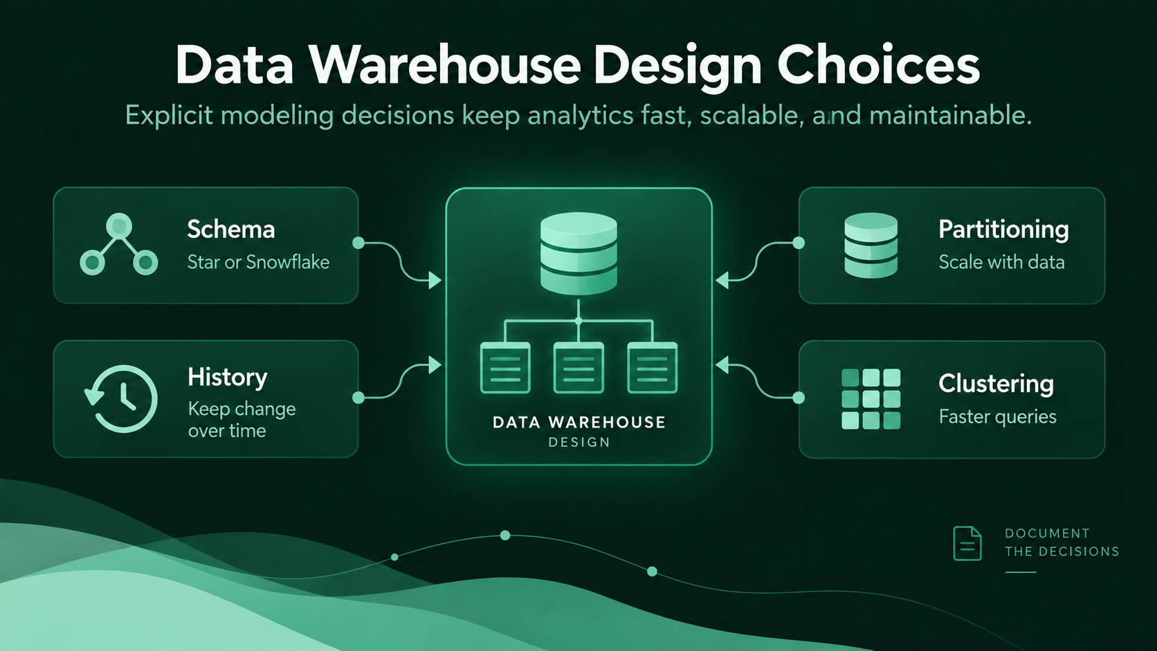 Data warehouse design diagram showing schema, history, partitioning, and clustering choices around a central warehouse.