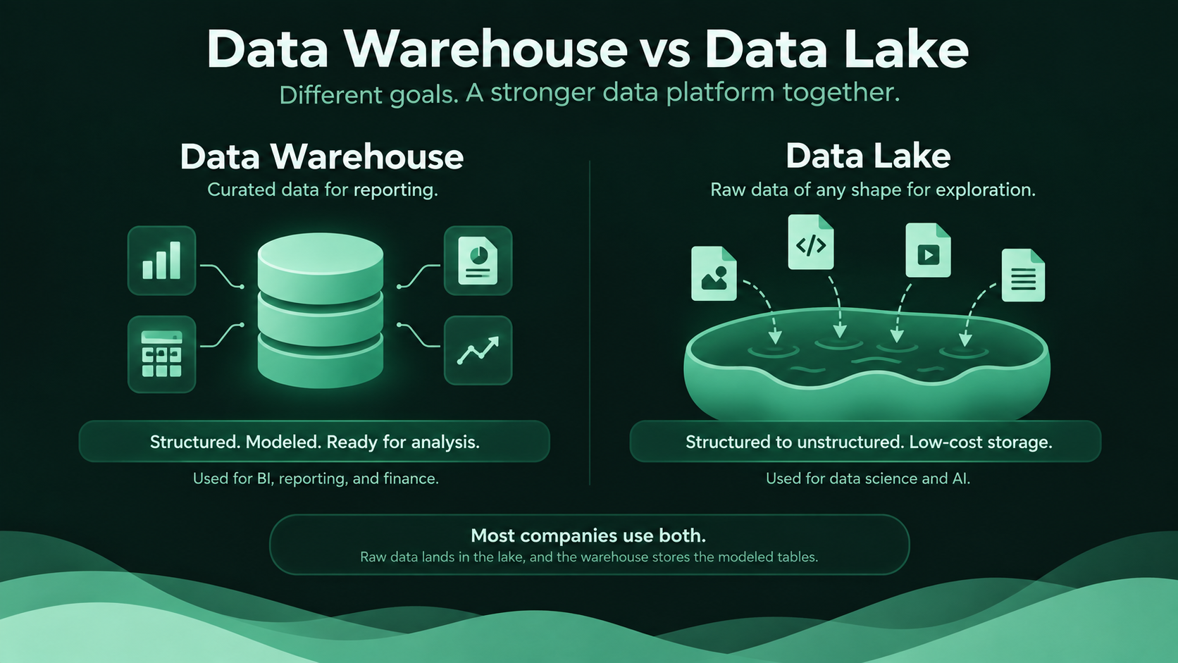 Data warehouse vs data lake comparison showing structured reporting data and flexible raw data storage for analytics and AI.