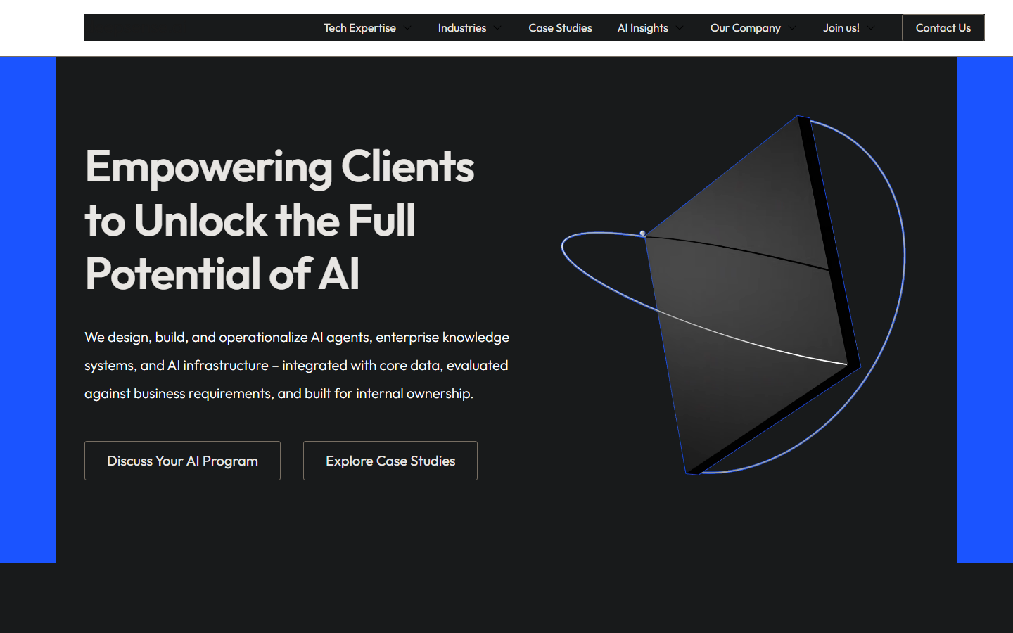deepsense.ai homepage with a dark hero on AI agents and knowledge systems, plus case study and AI program buttons.