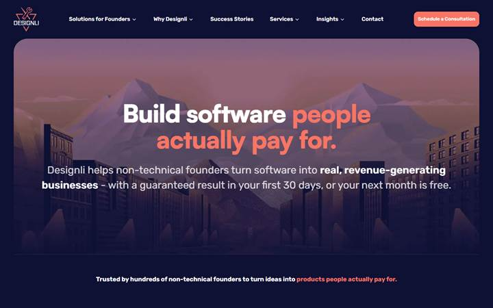 Designli homepage with a Build software people actually pay for headline over a mountain city scene at dusk.